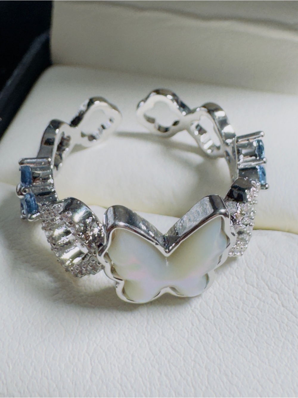 Butterfly Heart Open Ring Blue Crystal Accent